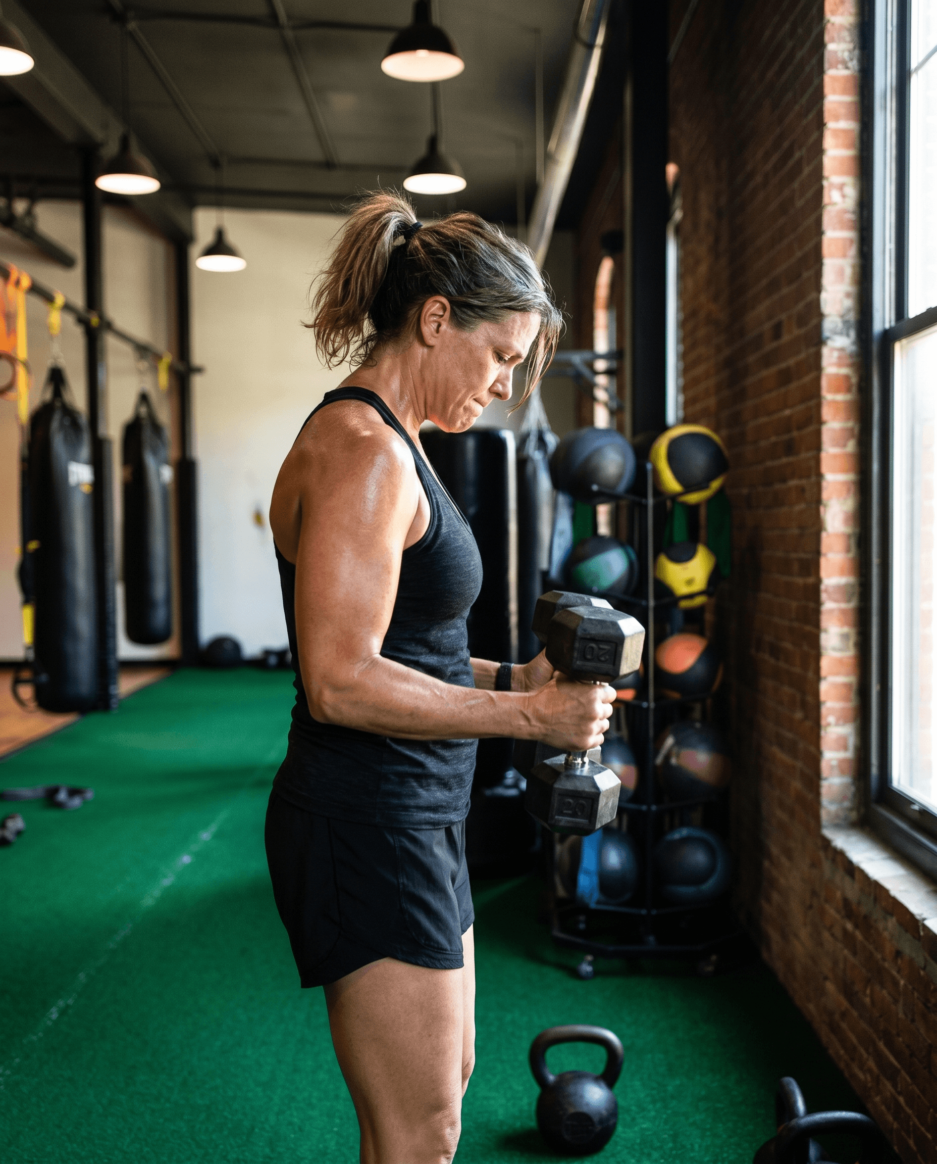 A Fort member mid-curl with hex dumbbells, side profile, brick wall and window light behind her